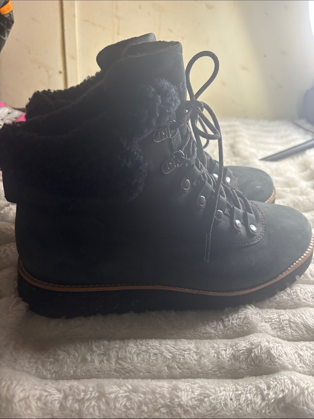 Cole Haan Black Suede Faux-Fur Trim Lace-Up Winter Boots